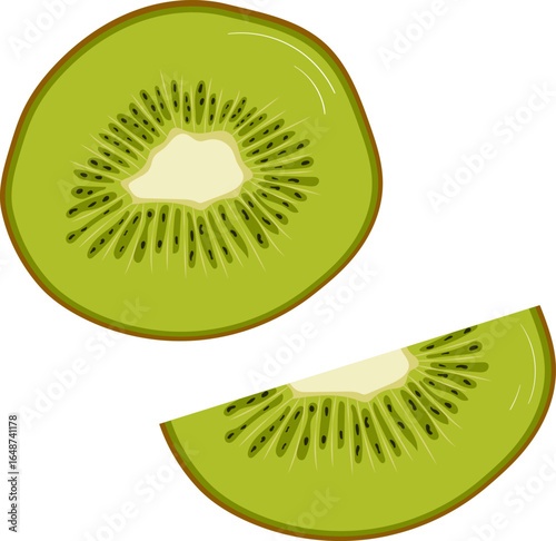 Vector image of cross section of kiwi fruit and wedge-shaped slice.