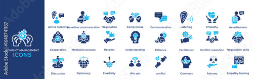 conflict management icon set. Containing Negotiation, Compromise, Communication, Listening, Empathy