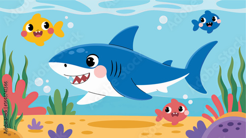 Cute Cartoon Shark Swimming with Happy Fish and Seaweed Underwater
