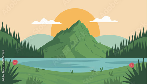 Serene Mountain Lake Vista At Sunrise With Lush Greenery And Wildflowers