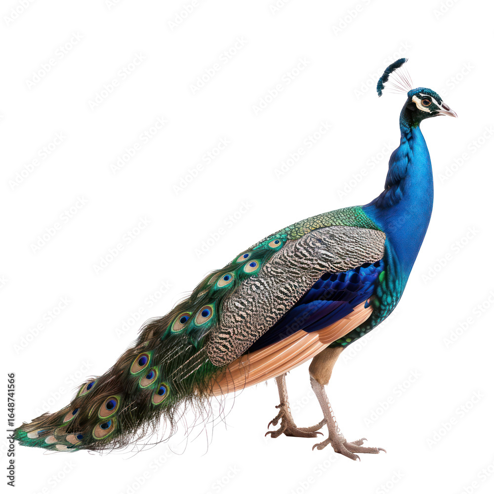 Obraz premium A vibrant blue and green peacock with intricate feather patterns, standing against a transparent background.