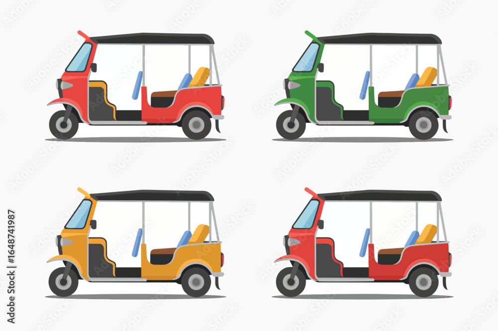 Fototapeta premium Collection of colorful auto rickshaws and tuk tuks in flat design for transportation concept