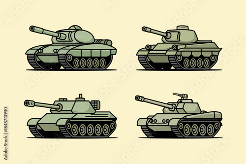A Collection of Four Vintage Pixel Art Style Tanks Rendered in Olive Drab Green Against a Pale Yellow Background