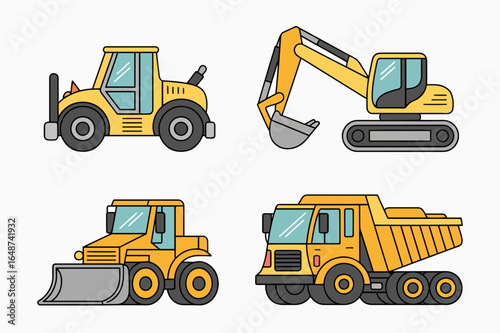 Collection of Yellow Construction Vehicles Including Excavator Loader Bulldozer and Dump Truck