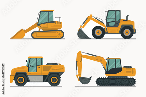 A Collection of Four Yellow Heavy Construction Equipment Machines with Tracks and Wheels for Earthmoving and Excavation Work