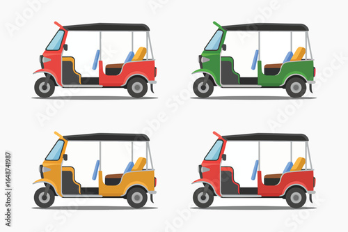 Collection of colorful auto rickshaws and tuk tuks in flat design for transportation concept