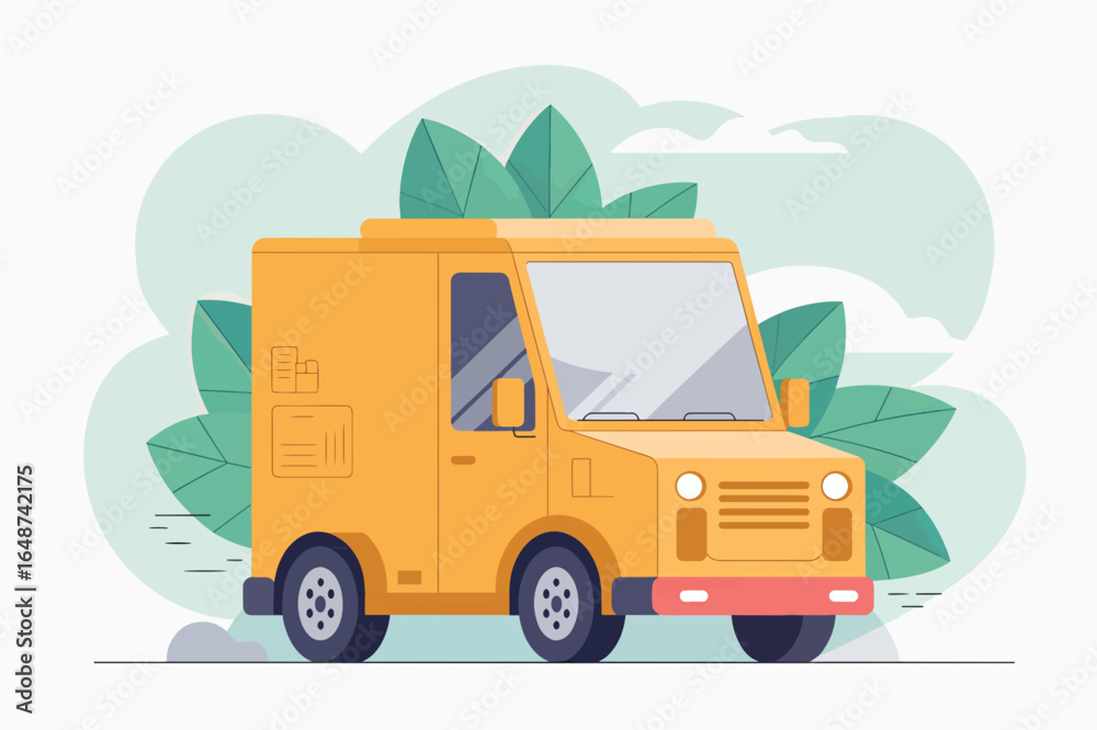 Fototapeta premium Bright Yellow Delivery Van Moving Through Green Foliage Illustration