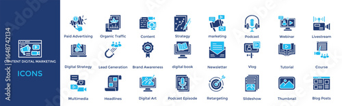 content digital marketing icon set. Containing Content Marketing, Paid Advertising, Organic Traffic, Content, Strategy, marketing, Podcast