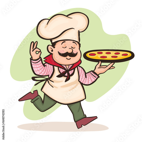 Italian cartoon chef with a freshly baked pizza.