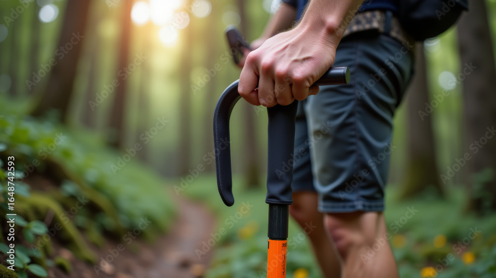 Obraz premium Man's hand holding trekking poles in forest hiking scene