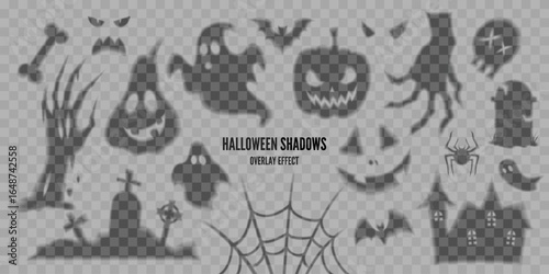 Set of Halloween transparent shadows, overlay effect. Scary faces, spooky monster hands, ghosts, spider, bats, pumpkins, spider web, cemetery, skull illustrations. Isolated vector decoration elements.