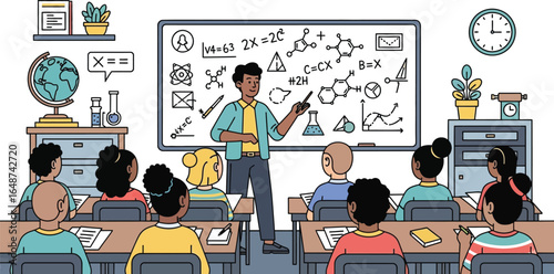 Engaged students learn science from a passionate teacher at a modern classroom whiteboard