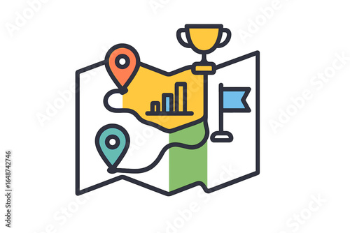 Map with landmarks and trophy symbolizing achievement and growth corporate milestones map