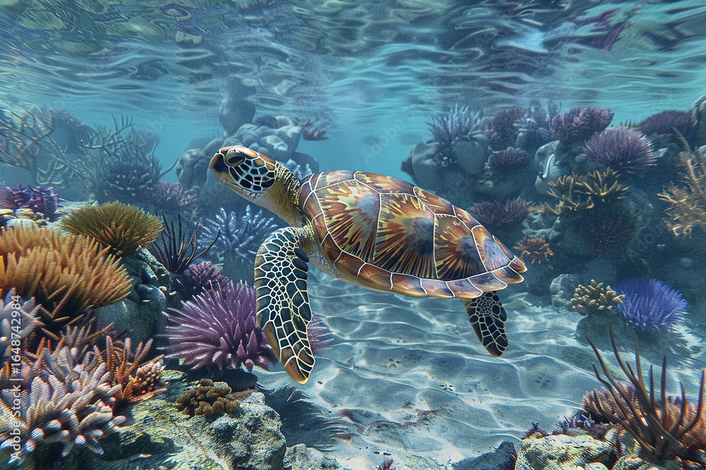 Fototapeta premium Image for 3d water floor. Underwater world. Turtle. corals. (ai generated)