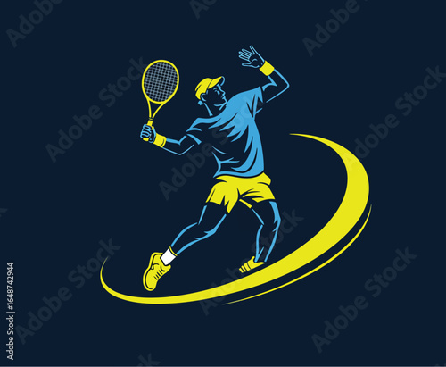 Dynamic Tennis Player in Action Hitting a Powerful Serve with a Swoosh Graphic