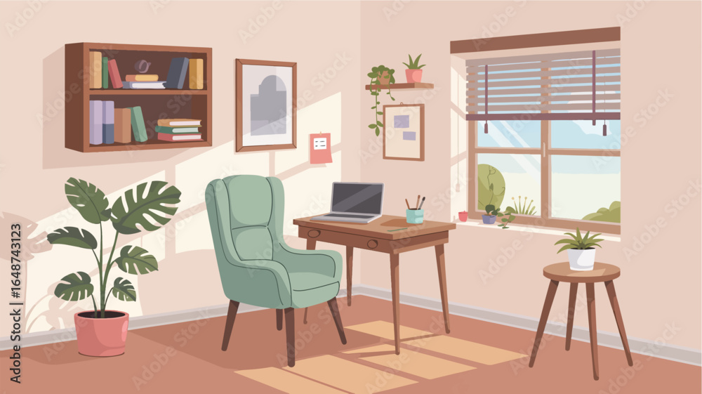 Fototapeta premium Cozy Home Office with Natural Light and Green Plants for Productive Work