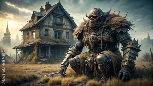 A formidable, armored ogre crouches before a dilapidated house, a desolate landscape stretching behind, hinting at a forgotten tale of conquest and ruin.