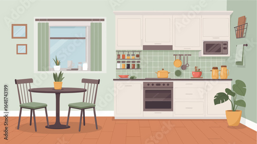 Cozy Pixel Art Kitchen Interior With Dining Table and Plants