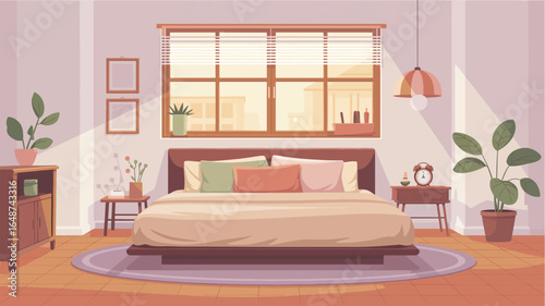 Cozy Bedroom Ambiance with Soft Sunlight and Lush Green Plants