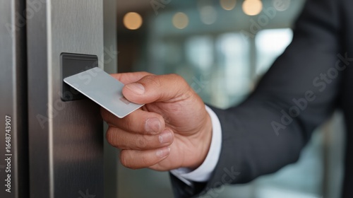 Business executive entering office using access card, security system, modern workplace entry