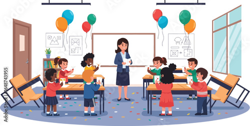 Joyful classroom celebration with teacher and students launching paper airplanes