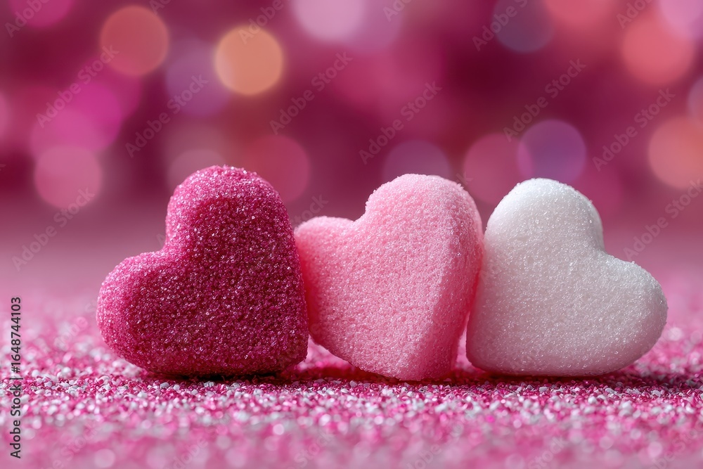 Fototapeta premium Three pink, sugary heart candies sit on glittery pink surface. Perfect for Valentine's Day, love, or sweet treat themed projects.