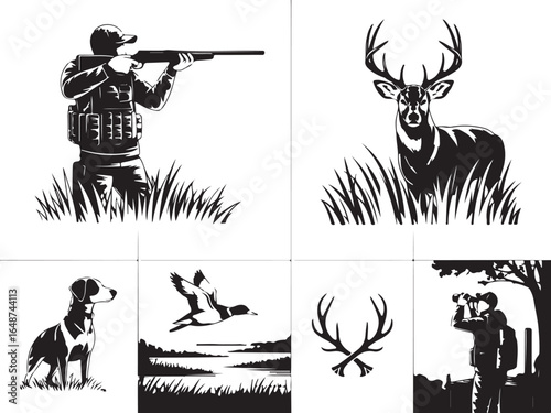 Skilled hunter aims shotgun, deer, duck, dog, binoculars, antlers