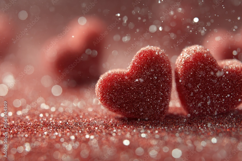 Obraz premium Glittering red heart shaped candies on a background of shimmering sparkles. Perfect for romantic designs, Valentine's Day cards or sweet holiday treats.