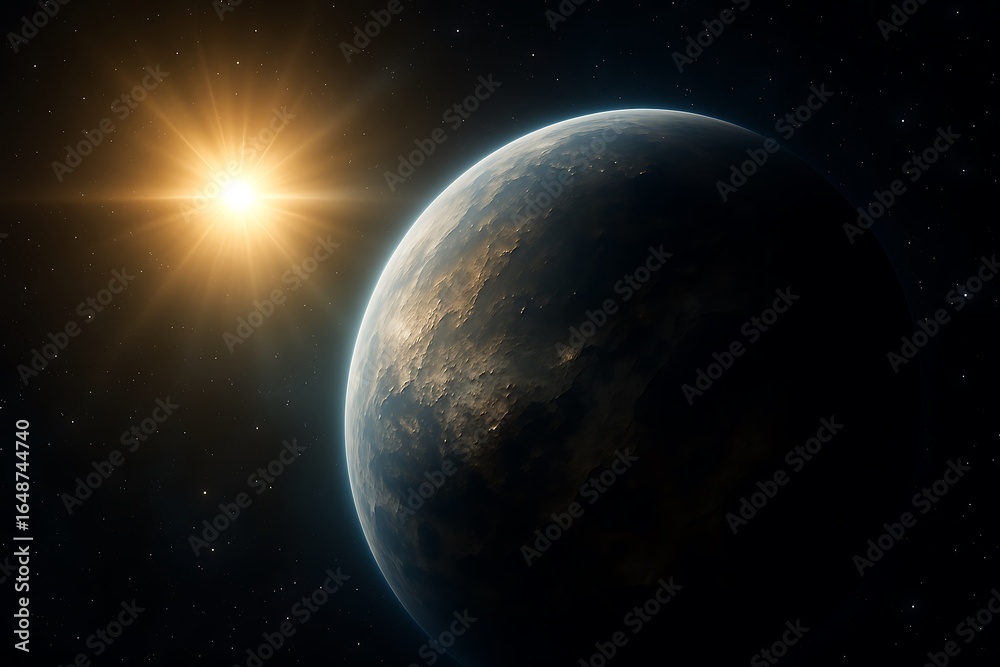 Fototapeta premium A cosmic view showcases a distant planet illuminated by a radiant star in deep space.