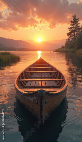 Wooden Canoe on Calm Lake at Sunset
