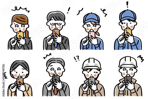 スマートフォンを操作する仕事着の人物のイラストセット＿驚く