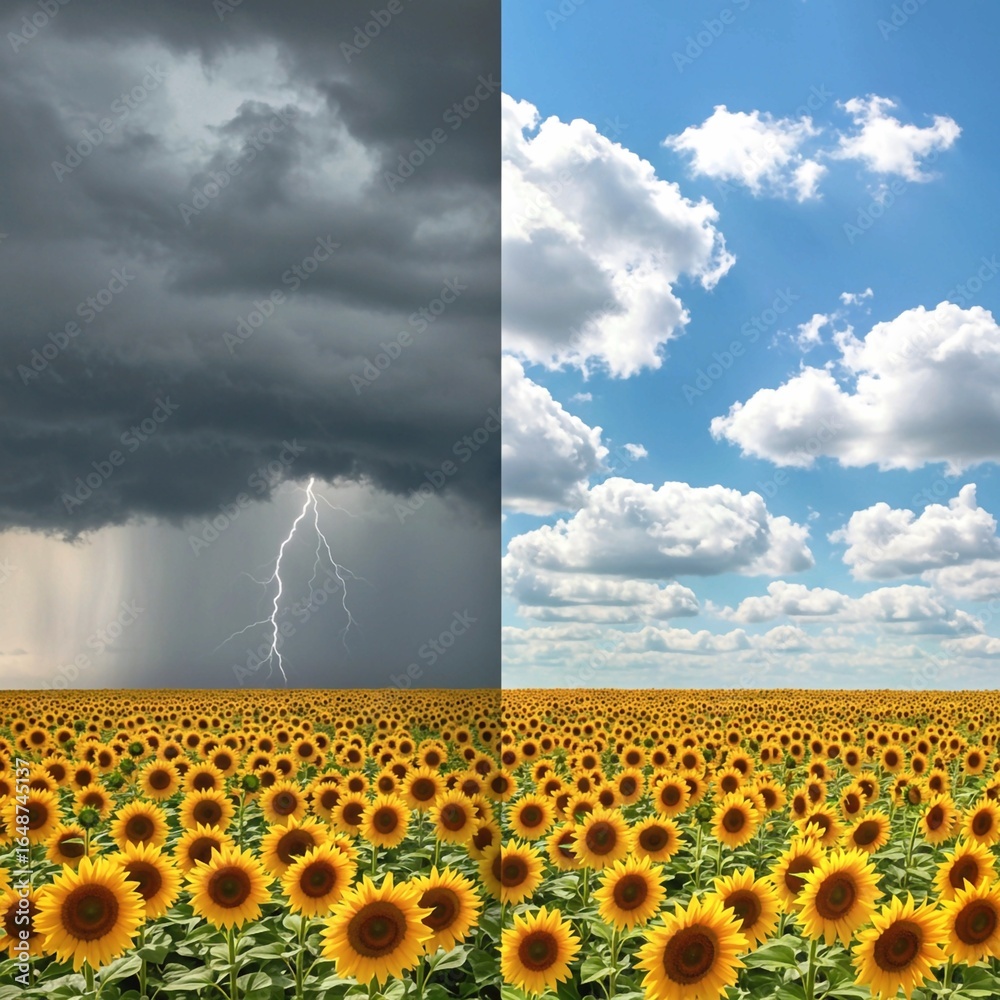 Obraz premium sunflower field and blue sky, Sunflower Field in Storm and Sunshine Split View