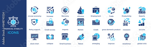 Financial stability icon set. Containing increase, Recovery, stimulus, Employment, Trade, Productivity