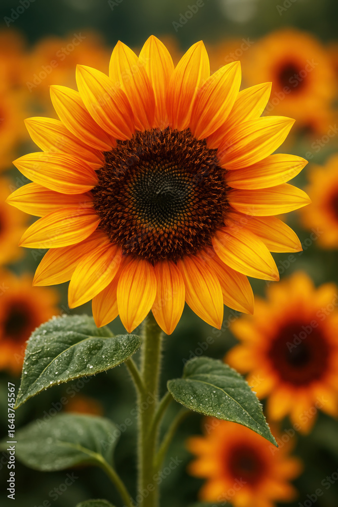 Fototapeta premium Vibrant orange sunflower with dew drops on green leaves yellow brown