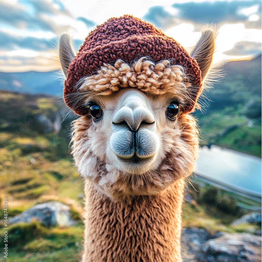 Obraz premium Close up face of cute alpaca in hat and aerial view of dam landscape