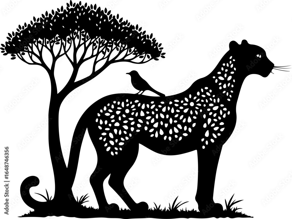 Obraz premium Beautiful Leopard Silhouette Vector | Wild Animal Illustration in Black and White