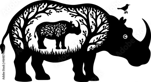 Hippo Silhouette with Tropical Jungle Plants Vector Illustration