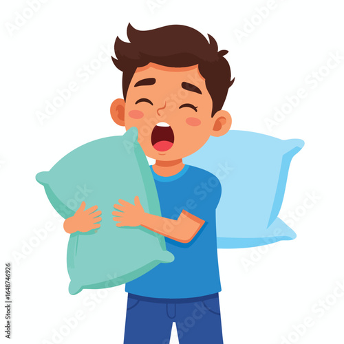 Cartoon boy yawning widely, holding a pillow,  in a relaxed sleeping pose.