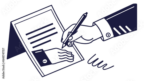Signing contract agreement document with pen hand vector illustration business legal paperwork 100