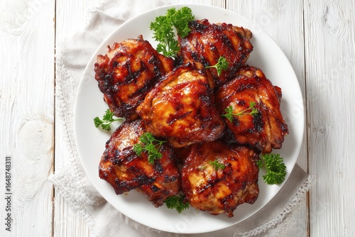 Grilled BBQ chicken thighs on a plate