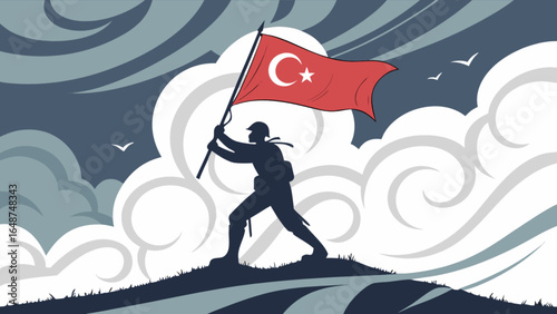 Turkish victory day illustration showing soldier silhouette holding turkish flag for national holiday celebration