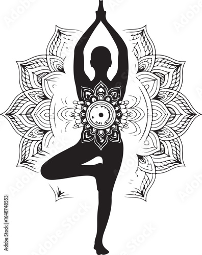 Zen yoga pose silhouette with intricate mandala, inner peace