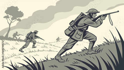 World war i soldiers advancing with rifles in a field illustration vector artwork for historical projects