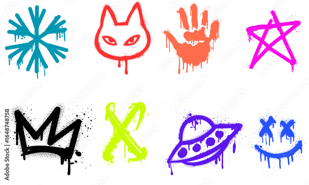Fototapeta premium Graffiti Spray Paint Icon Set – Street Art Symbols with Cat, UFO, Crown, Star, and Smiley Face Designs