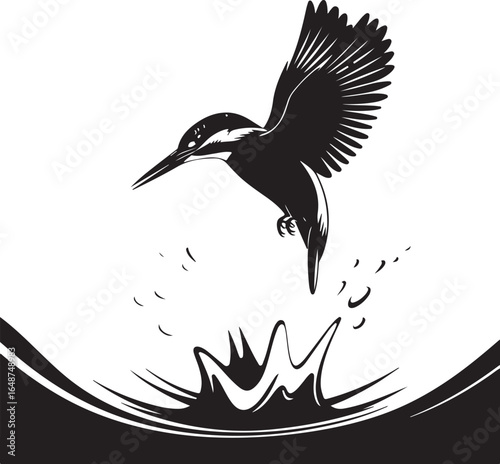 Kingfisher dives for prey in dramatic stylized splash