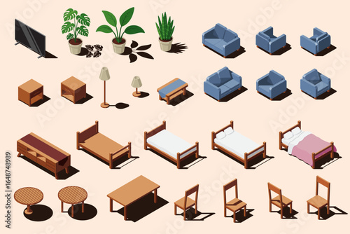 Isometric home furniture. Isometric interior elements set. Sofas, chairs, potted plants, tables, lamps, cabinets and beds