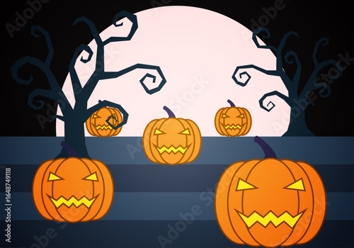 Huerta de calabazas tenebrosas en un bosque nocturno