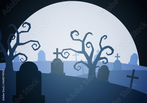 Paisaje de cementerio con árboles tenebrosos por la noche