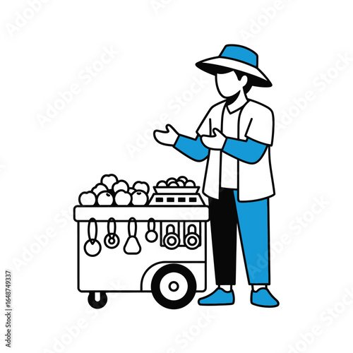 A line art illustration of a street vendor in a hat selling fresh fruit from a pushcart.