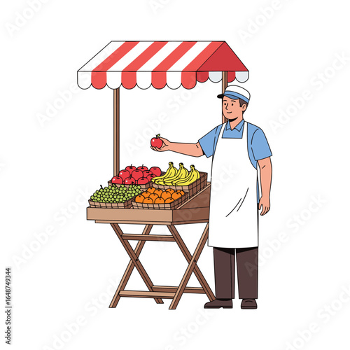 Illustration of a friendly male vendor selling fresh fruit at an outdoor market stall with a red and white striped awning.